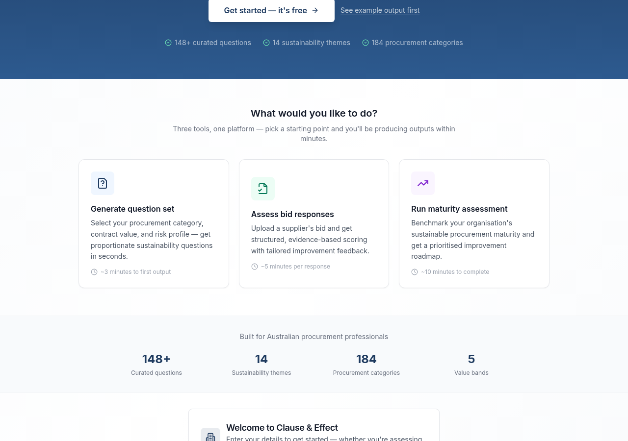 Three entry cards: Generate question set, Assess bid responses, Run maturity assessment